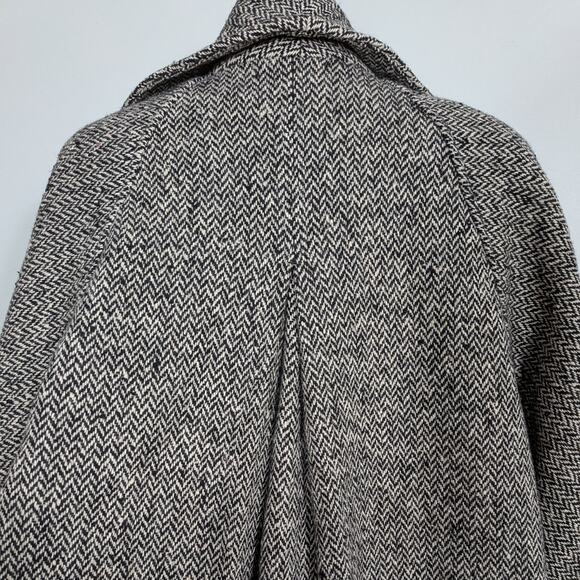 Vintage Wool Blend Coat L Black Cream 80s 90s Overcoat Trench Herringbon Classic - Picture 12 of 16